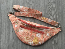 Load image into Gallery viewer, Fanny Pack Medium Size  Peach Flowers and Bee  Fabric with Nickel Hardware
