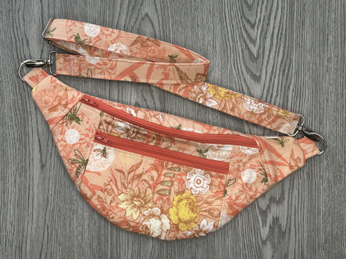 Fanny Pack Medium Size  Peach Flowers and Bee  Fabric with Nickel Hardware