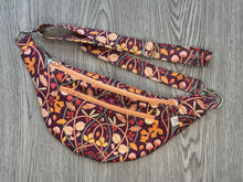 Load image into Gallery viewer, Fanny Pack Medium Size  Plum Color with leaves and vines in apricot, tangerine and green Fabric with Nickel Hardware