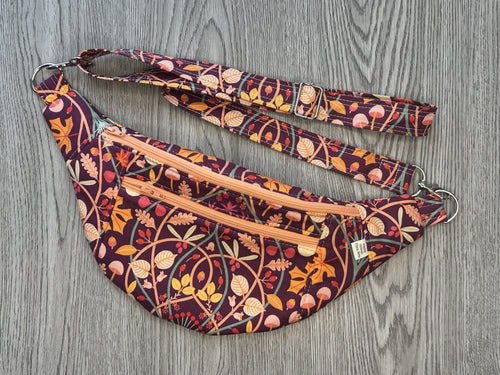 Fanny Pack Medium Size  Plum Color with leaves and vines in apricot, tangerine and green Fabric with Nickel Hardware