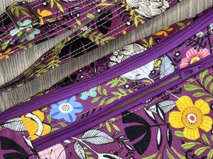 Fanny Pack Medium Size  Purple Fabric with Abstract flowers in yello, white, pink, black, blue and green leaves with Nickel Hardware