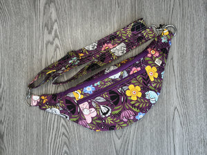 Fanny Pack Medium Size  Purple Fabric with Abstract flowers in yello, white, pink, black, blue and green leaves with Nickel Hardware