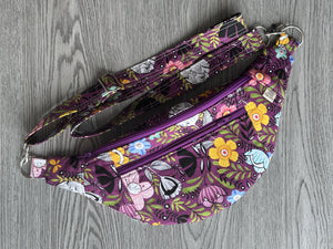 Fanny Pack Medium Size  Purple Fabric with Abstract flowers in yello, white, pink, black, blue and green leaves with Nickel Hardware