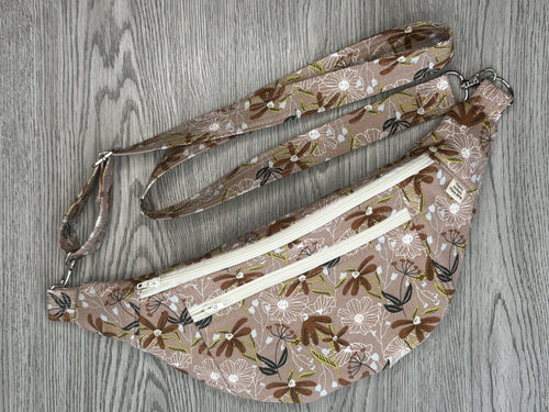 Fanny Pack Medium Size  Taupe with Toffee Flowers Nickel Hardware