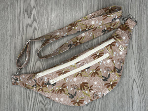 Fanny Pack Medium Size  Taupe with Toffee Flowers Nickel Hardware