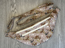 Load image into Gallery viewer, Fanny Pack Medium Size  Taupe with Toffee Flowers Nickel Hardware