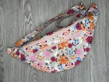 Load image into Gallery viewer, Fanny Pack Large Taupe Background with Orange, hot pink and various flowers   with Nickel Hardware 