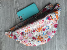 Load image into Gallery viewer, Fanny Pack Large Taupe Background with Orange, hot pink and various flowers   with Nickel Hardware 