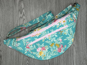 Aqua fabric w Pink, Cream and Mustard Flowers Fanny Pack Large