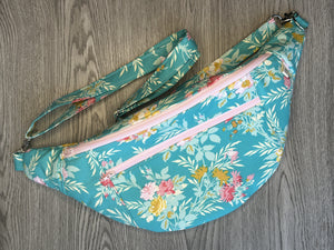 Aqua fabric w Pink, Cream and Mustard Flowers Fanny Pack Large