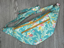 Load image into Gallery viewer, Fanny Pack Large size, Aqua fabric with Pink Cream and Mustard Flowers - Mustard Zipper  with Nickel Hardware 