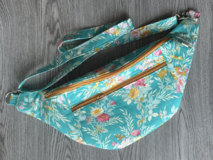 Fanny Pack Large size, Aqua fabric with Pink Cream and Mustard Flowers - Mustard Zipper  with Nickel Hardware 