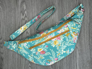 Fanny Pack Large size, Aqua fabric with Pink Cream and Mustard Flowers - Mustard Zipper  with Nickel Hardware 