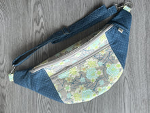 Load image into Gallery viewer, Fanny Pack Large Size, Blues, Greys and cream flowers with Blue polka dot accents  with Nickel Hardware 
