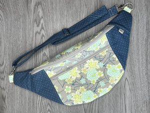 Fanny Pack Large Size, Blues, Greys and cream flowers with Blue polka dot accents  with Nickel Hardware 
