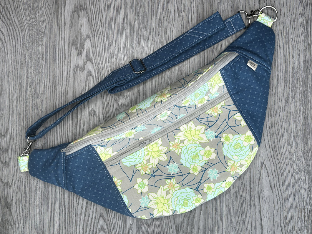Fanny Pack Large Size, Blues, Greys and cream flowers with Blue polka dot accents  with Nickel Hardware 