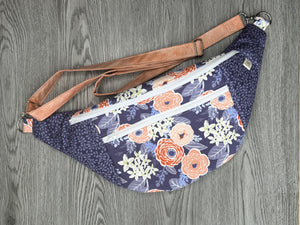 Fanny Pack Large Size, Purple, Coral, peach and cream flowers with Purple and Lilac accents , Peach Fabric strap and White Zippers with Nickel Hardware 