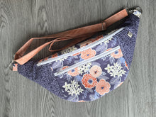 Load image into Gallery viewer, Fanny Pack Large Size, Purple, Coral, peach and cream flowers with Purple and Lilac accents , Peach Fabric strap and White Zippers with Nickel Hardware 