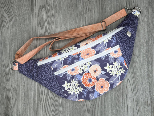 Fanny Pack Large Size, Purple, Coral, peach and cream flowers with Purple and Lilac accents , Peach Fabric strap and White Zippers with Nickel Hardware 