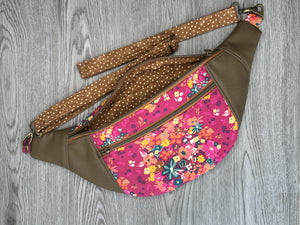 Hot Pink Fabric, multi colored flowers, Mocha Vinyl , polka dot liner and fabric strap  Large Fanny Pack 