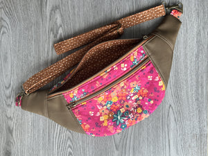 Hot Pink Fabric, multi colored flowers, Mocha Vinyl , polka dot liner and fabric strap  Large Fanny Pack 