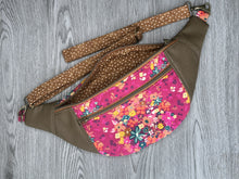 Load image into Gallery viewer, Hot Pink Fabric, multi colored flowers, Mocha Vinyl , polka dot liner and fabric strap  Large Fanny Pack 