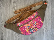 Load image into Gallery viewer, Hot Pink Fabric, multi colored flowers, Mocha Vinyl , polka dot liner and fabric strap  Large Fanny Pack 