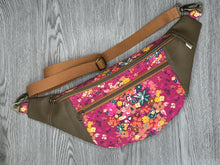 Load image into Gallery viewer, Hot Pink Fabric, multi colored flowers, Mocha Vinyl , cream liner and webbing strap  Large Fanny Pack 