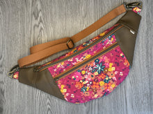 Load image into Gallery viewer, Hot Pink Fabric, multi colored flowers, Mocha Vinyl , cream liner and webbing strap  Large Fanny Pack 