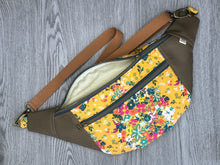 Load image into Gallery viewer, Golden Yellow Flower Print fabric with Mocha Vinyl Accent Large Fanny Pack with Caramel cotton Webbing  and Brass Hardware