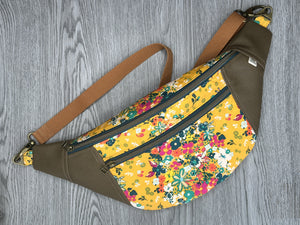 Golden Yellow Flower Print fabric with Mocha Vinyl Accent Large Fanny Pack with Caramel cotton Webbing  and Brass Hardware