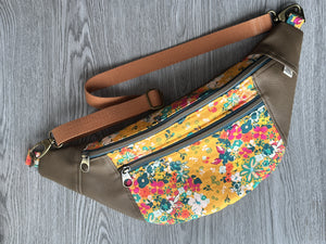 Golden Yellow Flower Print fabric with Mocha Vinyl Accent Large Fanny Pack with Caramel cotton Webbing  and Brass Hardware round zipper pull 