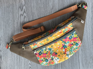 Golden Yellow Flower Print fabric with Mocha Vinyl Accent Large Fanny Pack with Caramel cotton Webbing  and Brass Hardware 