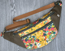 Load image into Gallery viewer, Golden Yellow Flower Print fabric with Mocha Vinyl Accent Large Fanny Pack with Caramel cotton Webbing  and Brass Hardware 