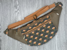 Load image into Gallery viewer,  Black, Gold, Caramel and peach fabric with Mocha Vinyl  Large Fanny Pack with Caramel cotton Webbing  and Brass Hardware 