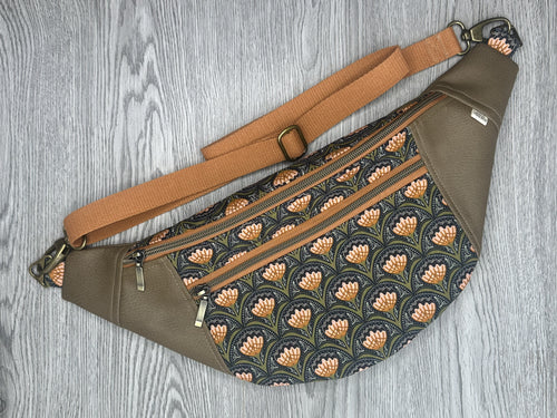  Black, Gold, Caramel and peach fabric with Mocha Vinyl  Large Fanny Pack with Caramel cotton Webbing  and Brass Hardware 