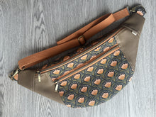 Load image into Gallery viewer,  Black, Gold, Caramel and peach fabric with Mocha Vinyl  Large Fanny Pack with Caramel cotton Webbing  and Brass Hardware 
