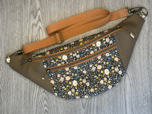Load image into Gallery viewer,  Black multi color flower fabric with Mocha Vinyl  Large Fanny Pack with Caramel cotton Webbing  and Brass Hardware 