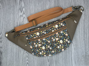  Black multi color flower fabric with Mocha Vinyl  Large Fanny Pack with Caramel cotton Webbing  and Brass Hardware 