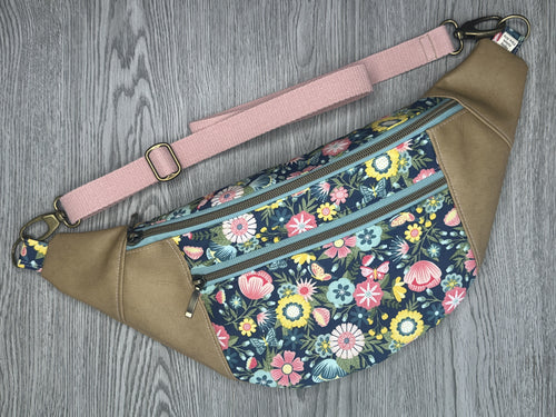  Blue Floral fabric with Pinks, Yellows and Greens Taupe Vinyl  Large Fanny Pack with blush cotton Webbing  and Brass Hardware 