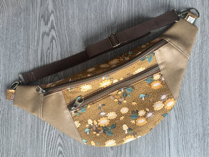 Carmel flower and mushroom fabric with Yellows and Golds Taupe Vinyl  Large Fanny Pack with Brown Polyester Webbing  and Brass Hardware 
