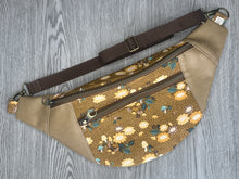 Load image into Gallery viewer, Carmel flower and mushroom fabric with Yellows and Golds Taupe Vinyl  Large Fanny Pack with Brown Polyester Webbing  and Brass Hardware 