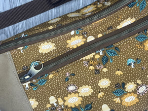 Carmel flower and mushroom fabric with Yellows and Golds Taupe Vinyl  Large Fanny Pack with Brown Polyester Webbing  and Brass Hardware 