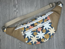 Load image into Gallery viewer, Blue, Toffee, Cream, Coral, white Fabric with Taupe Vinyl  Large Fanny Pack Taupe Polyester Webbing  and Brass and nickel Hardware 