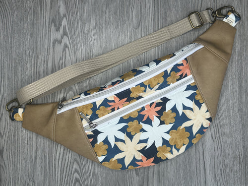 Blue, Toffee, Cream, Coral, white Fabric with Taupe Vinyl  Large Fanny Pack Taupe Polyester Webbing  and Brass and nickel Hardware 