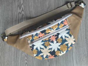 Blue, Toffee, Cream, Coral, white Fabric with Taupe Vinyl  Large Fanny Pack Taupe Polyester Webbing  and Brass and nickel Hardware 