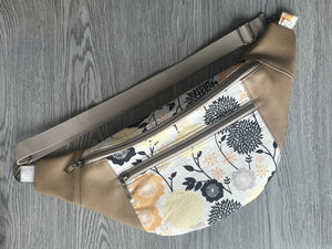 White, Yellow, Tangerine and Black fabric with Taupe Vinyl  Large Fanny Pack  Brass Hardware