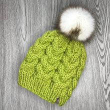 Load image into Gallery viewer, Cable Beanie - Adult Lime W White/brown Pom  CB10