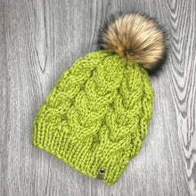 Load image into Gallery viewer, Cable Beanie - Adult Lime W brown Pom  CB11
