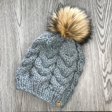 Load image into Gallery viewer, Cable Beanie - Adult Slate W brown Pom  CB12